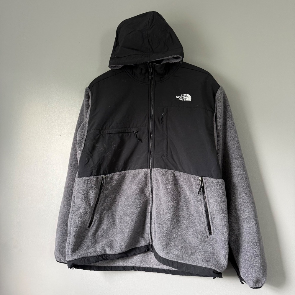 Vintage Gray Black The North Face Denali Hooded Fleece Jacket Large